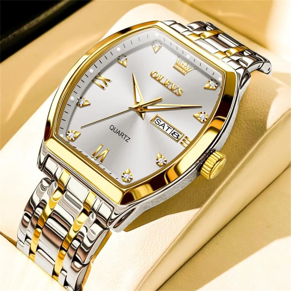 Tone Wrist Watch OLEVS Men Watches Square oceanographer strange husk Business Dress Diamond Analog Quartz Date Luxury Watch for Men Casual Stainless Steel Waterproof Luminous Two 