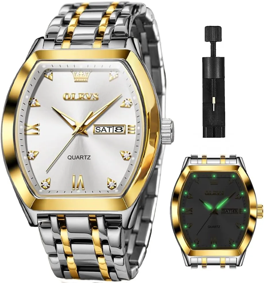 Tone Wrist Watch OLEVS Men Watches Square oceanographer strange husk Business Dress Diamond Analog Quartz Date Luxury Watch for Men Casual Stainless Steel Waterproof Luminous Two 