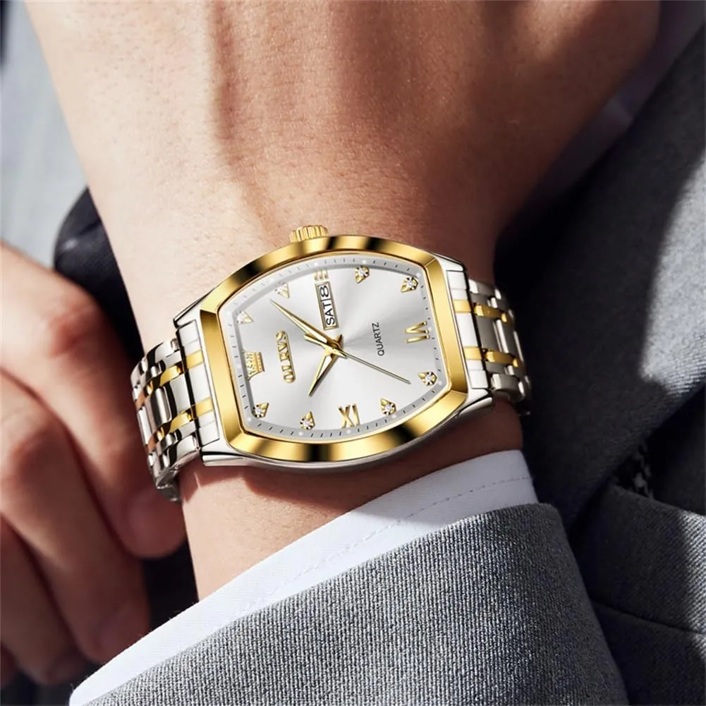Tone Wrist Watch OLEVS Men Watches Square oceanographer strange husk Business Dress Diamond Analog Quartz Date Luxury Watch for Men Casual Stainless Steel Waterproof Luminous Two 