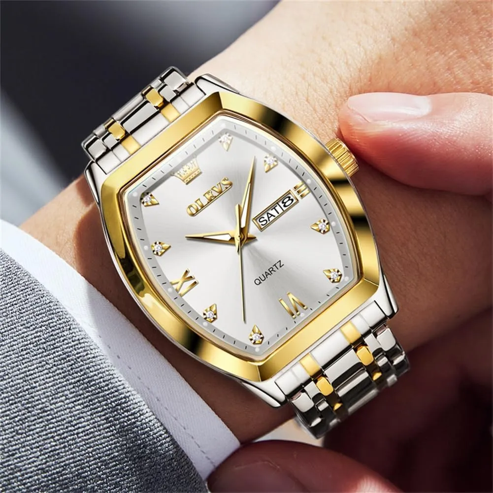 Tone Wrist Watch OLEVS Men Watches Square oceanographer strange husk Business Dress Diamond Analog Quartz Date Luxury Watch for Men Casual Stainless Steel Waterproof Luminous Two 