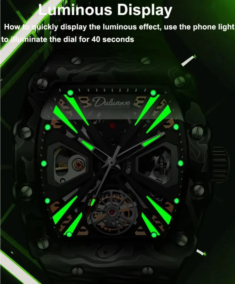 Tonneau Automatic Self-Wind Mechanical Watch, mountainous Rotating Flywheel Hollow Professional Watch with Silicone Strap, Waterproof Luminous Business Watches Men's Sports Style 