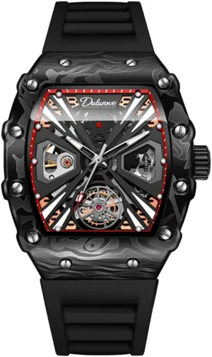 Tonneau Automatic Self-Wind Mechanical Watch, mountainous Rotating Flywheel Hollow Professional Watch with Silicone Strap, Waterproof Luminous Business Watches Men's Sports Style 