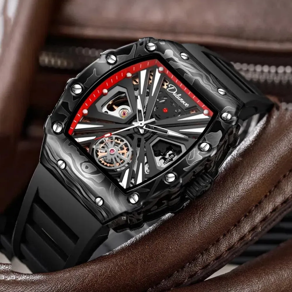 Tonneau Automatic Self-Wind Mechanical Watch, mountainous Rotating Flywheel Hollow Professional Watch with Silicone Strap, Waterproof Luminous Business Watches Men's Sports Style 