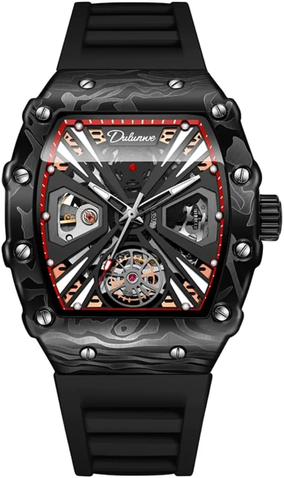 Tonneau Automatic Self-Wind Mechanical Watch, mountainous Rotating Flywheel Hollow Professional Watch with Silicone Strap, Waterproof Luminous Business Watches Men's Sports Style 