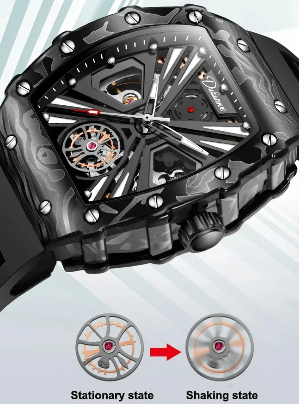 Tonneau Automatic Self-Wind Mechanical Watch, mountainous Rotating Flywheel Hollow Professional Watch with Silicone Strap, Waterproof Luminous Business Watches Men's Sports Style 