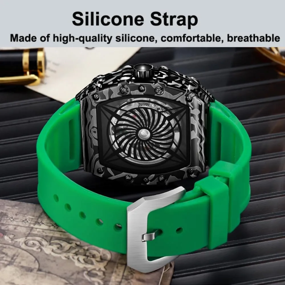 Tonneau Automatic Self-Wind Mechanical Watch, mountainous Rotating Flywheel Hollow Professional Watch with Silicone Strap, Waterproof Luminous Business Watches Men's Sports Style 