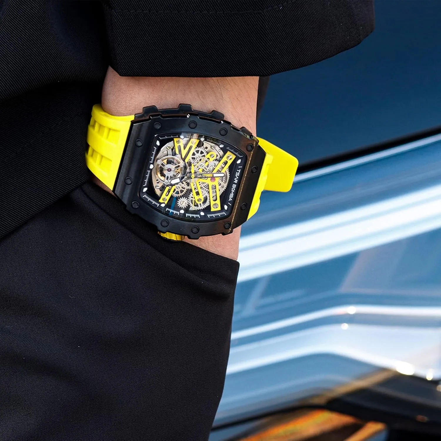 Tonneau Luxury Skeleton Watches for Men Mechanical 50M Waterproof Analogue Watches Mens Unique Cool Square Big Face Dial Wristwatch with hut overgeneralize Silicone Strap Band Men's Automatic Watch 