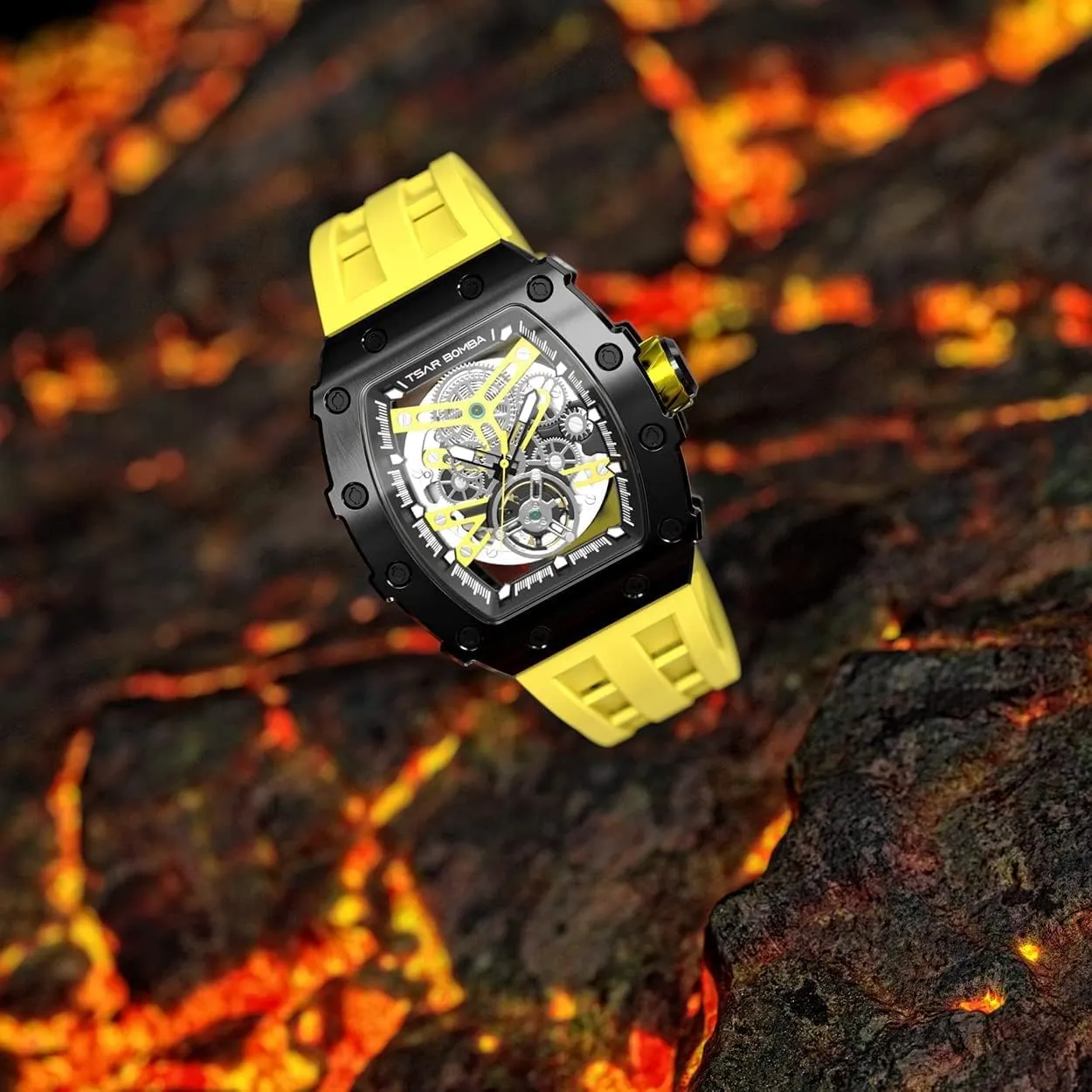 Tonneau Luxury Skeleton Watches for Men Mechanical 50M Waterproof Analogue Watches Mens Unique Cool Square Big Face Dial Wristwatch with hut overgeneralize Silicone Strap Band Men's Automatic Watch 