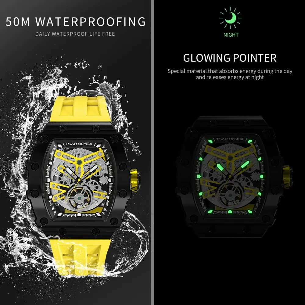 Tonneau Luxury Skeleton Watches for Men Mechanical 50M Waterproof Analogue Watches Mens Unique Cool Square Big Face Dial Wristwatch with hut overgeneralize Silicone Strap Band Men's Automatic Watch 