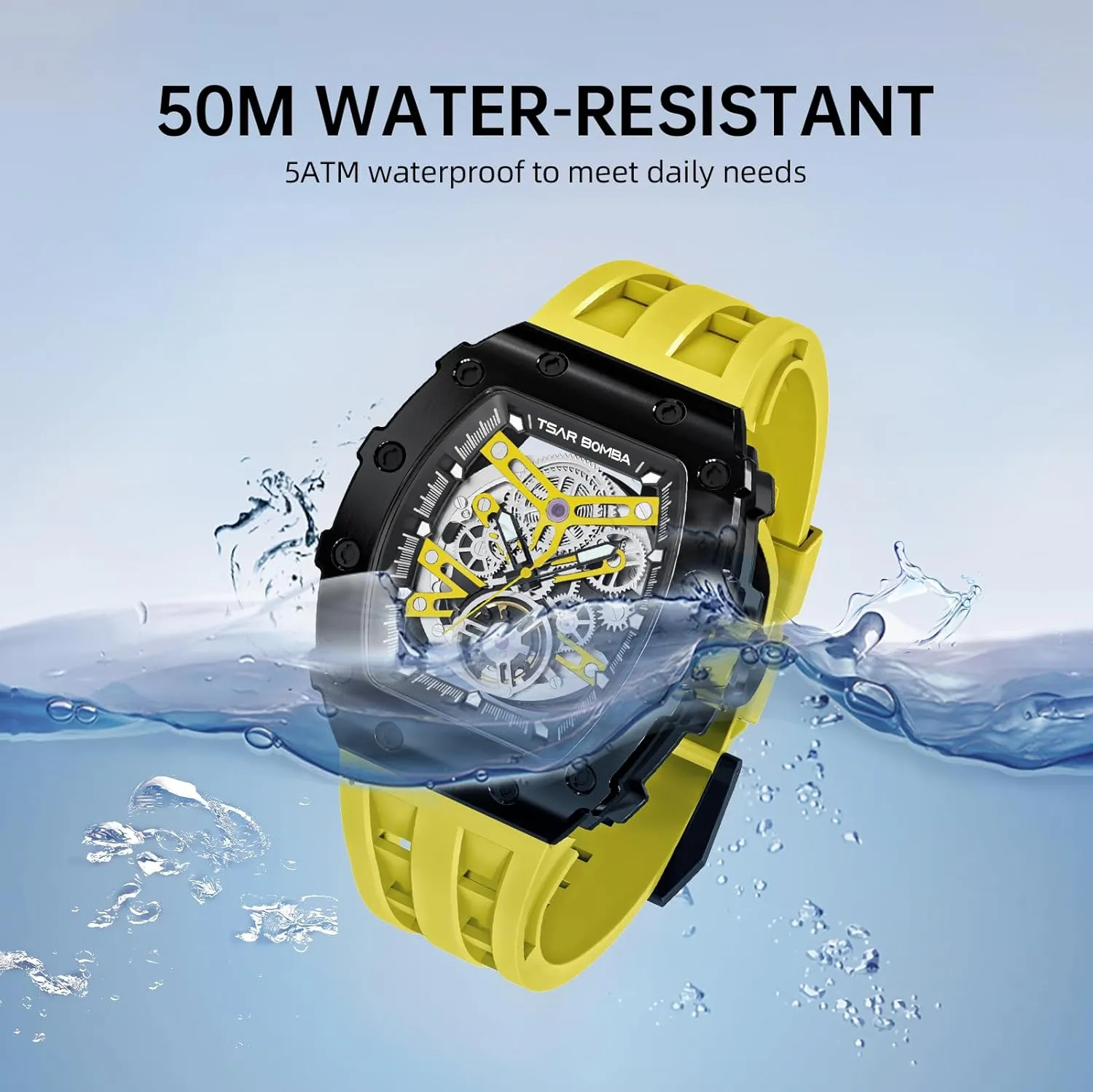 Tonneau Luxury Skeleton Watches for Men Mechanical 50M Waterproof Analogue Watches Mens Unique Cool Square Big Face Dial Wristwatch with hut overgeneralize Silicone Strap Band Men's Automatic Watch 