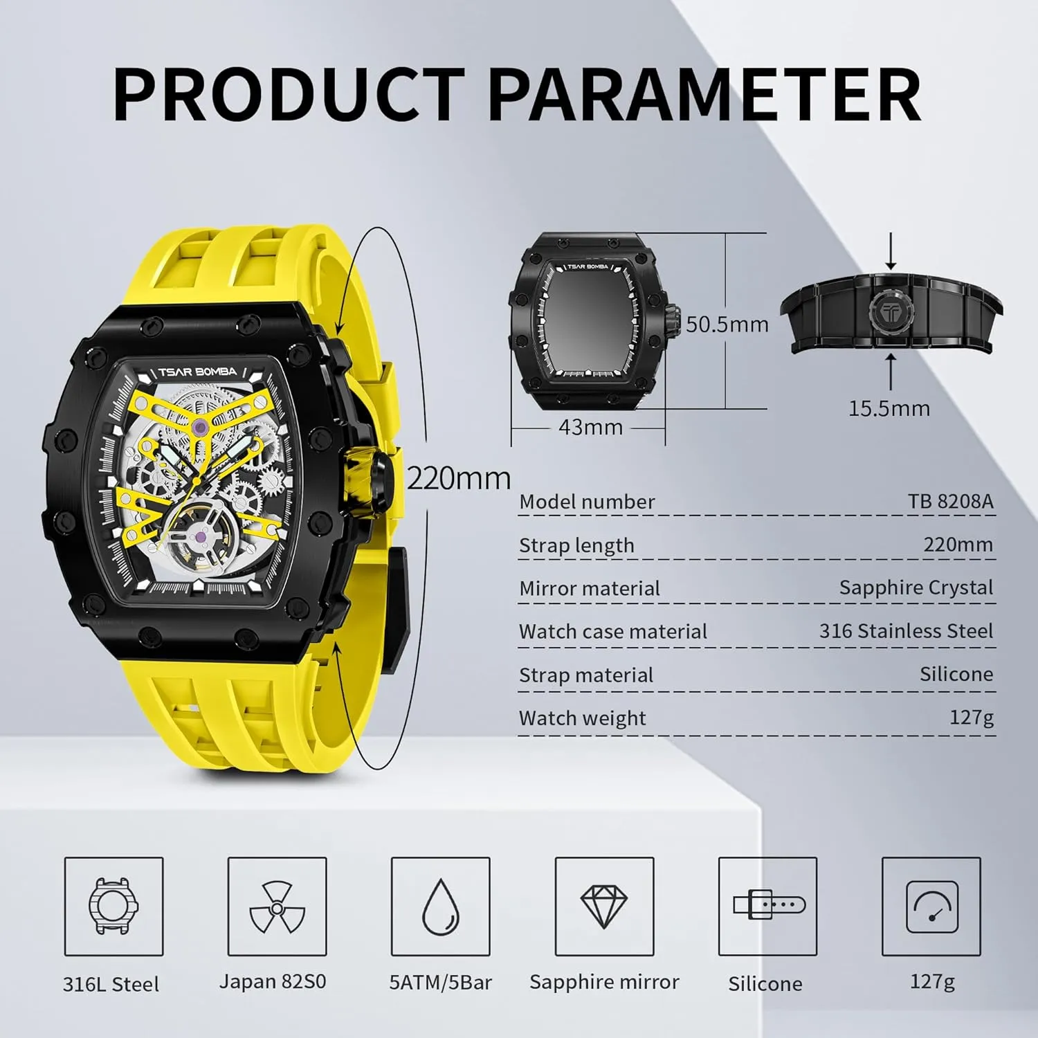 Tonneau Luxury Skeleton Watches for Men Mechanical 50M Waterproof Analogue Watches Mens Unique Cool Square Big Face Dial Wristwatch with hut overgeneralize Silicone Strap Band Men's Automatic Watch 