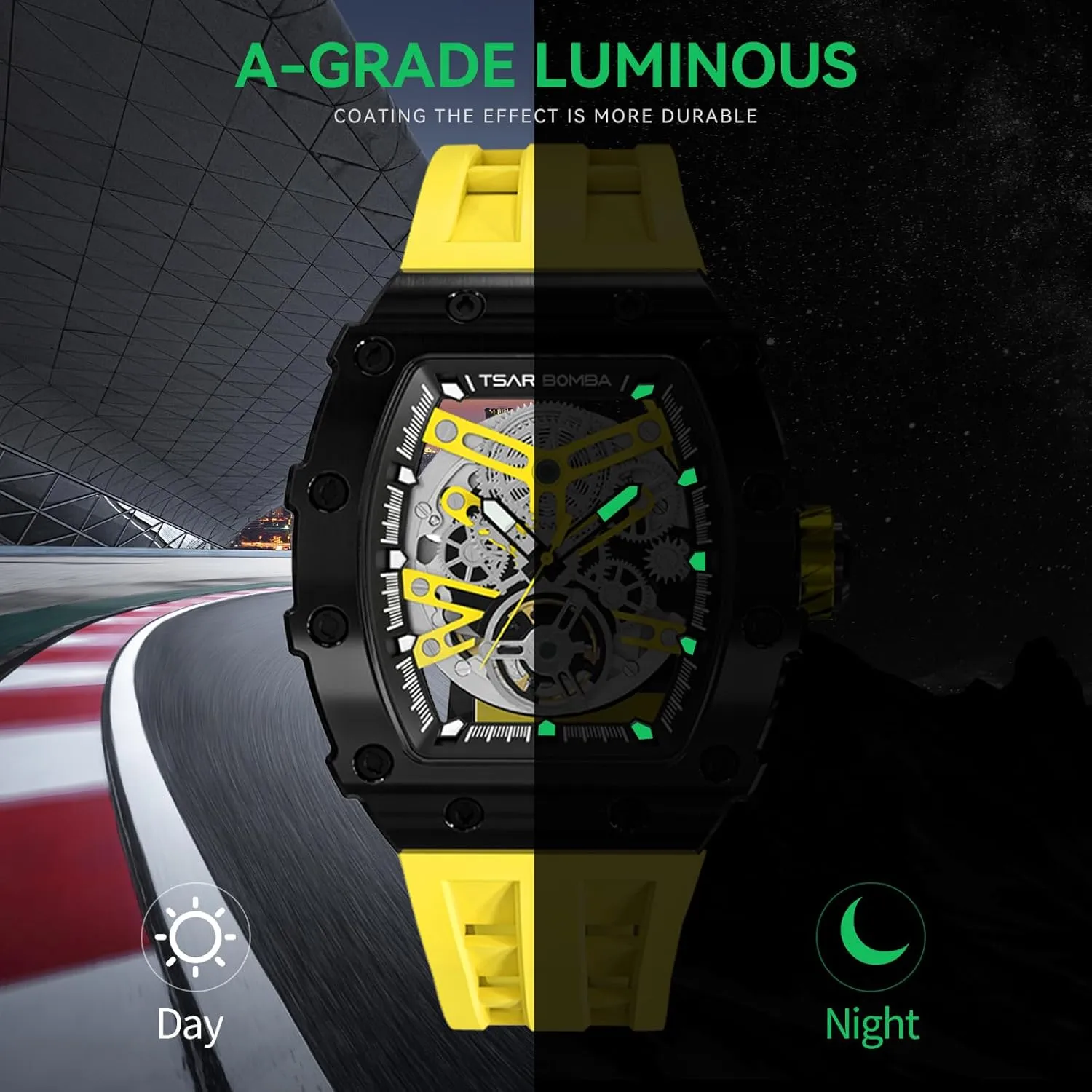 Tonneau Luxury Skeleton Watches for Men Mechanical 50M Waterproof Analogue Watches Mens Unique Cool Square Big Face Dial Wristwatch with hut overgeneralize Silicone Strap Band Men's Automatic Watch 