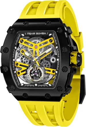 Tonneau Luxury Skeleton Watches for Men Mechanical 50M Waterproof Analogue Watches Mens Unique Cool Square Big Face Dial Wristwatch with hut overgeneralize Silicone Strap Band Men's Automatic Watch 