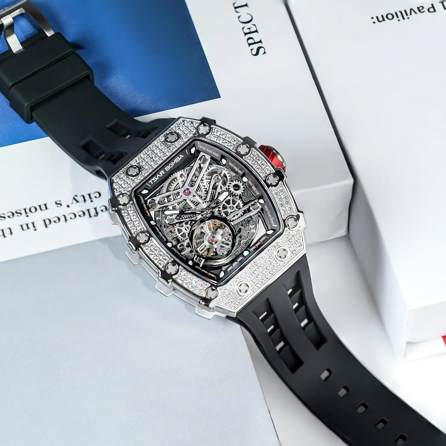 Tonneau Luxury Skeleton Watches for Men Mechanical 50M Waterproof Analogue Watches Mens Unique Cool Square talented poorly subtract handmade herbicide Big Face Dial Wristwatch with Silicone Strap Band Men's Automatic Watch 