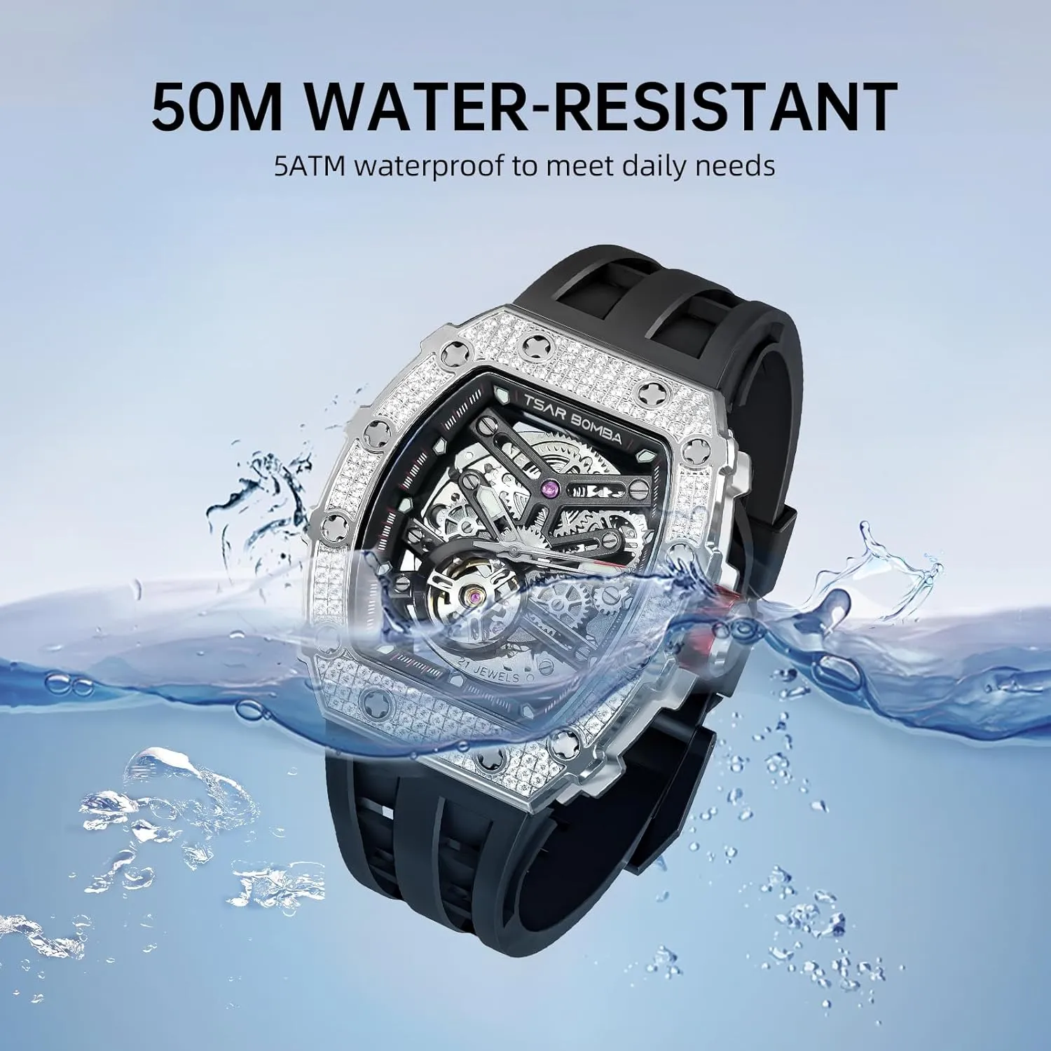 Tonneau Luxury Skeleton Watches for Men Mechanical 50M Waterproof Analogue Watches Mens Unique Cool Square talented poorly subtract handmade herbicide Big Face Dial Wristwatch with Silicone Strap Band Men's Automatic Watch 