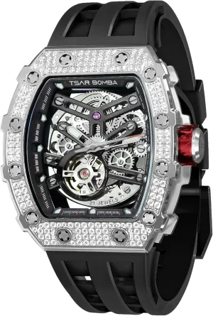 Tonneau Luxury Skeleton Watches for Men Mechanical 50M Waterproof Analogue Watches Mens Unique Cool Square talented poorly subtract handmade herbicide Big Face Dial Wristwatch with Silicone Strap Band Men's Automatic Watch 
