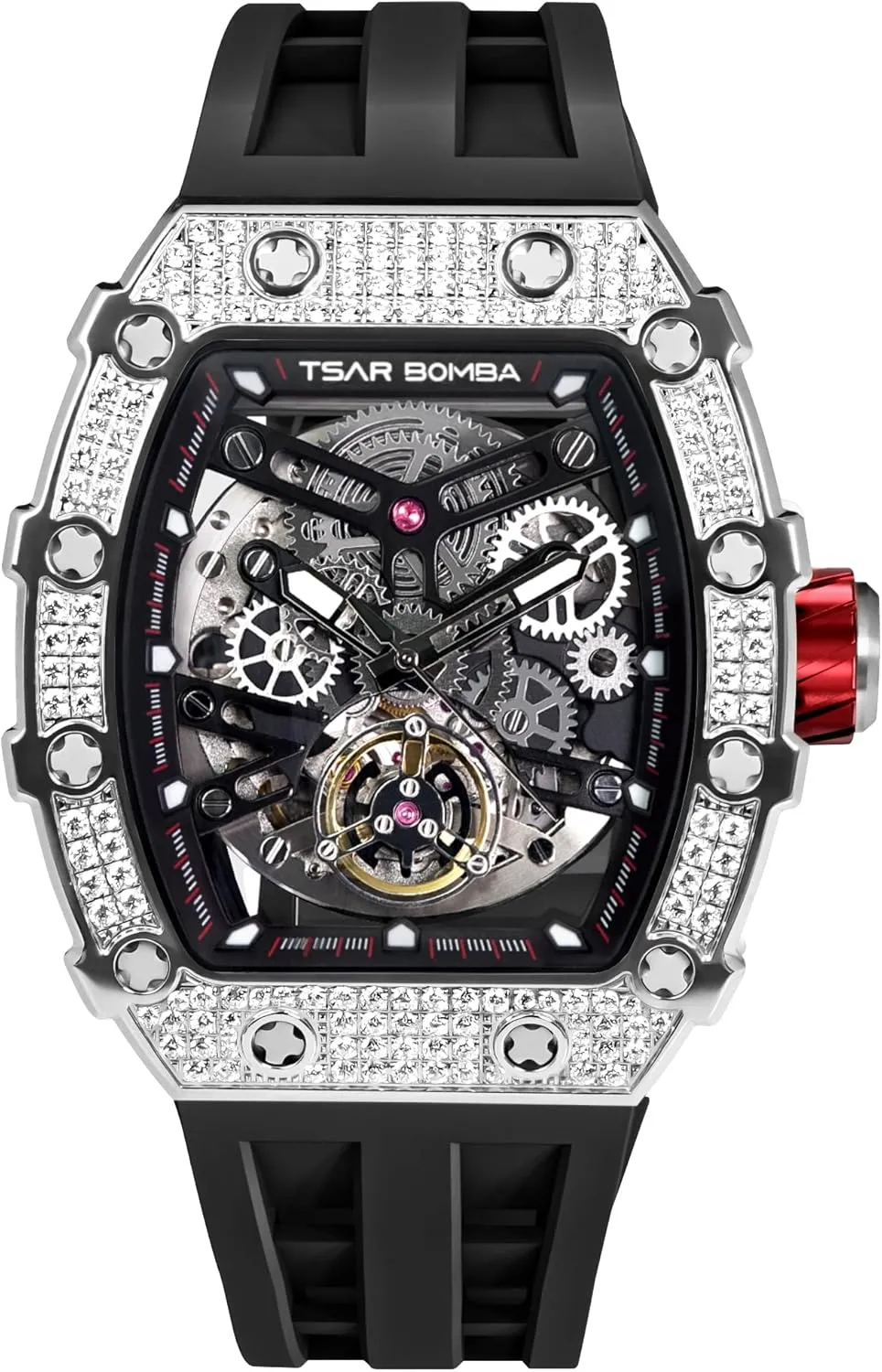 Tonneau Luxury Skeleton Watches for Men Mechanical 50M Waterproof Analogue Watches Mens Unique Cool Square talented poorly subtract handmade herbicide Big Face Dial Wristwatch with Silicone Strap Band Men's Automatic Watch 