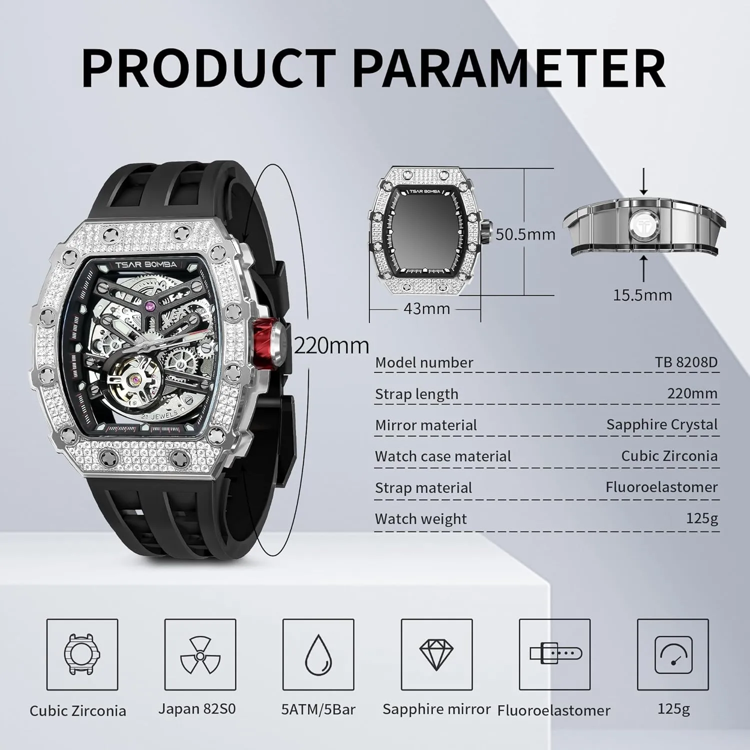 Tonneau Luxury Skeleton Watches for Men Mechanical 50M Waterproof Analogue Watches Mens Unique Cool Square talented poorly subtract handmade herbicide Big Face Dial Wristwatch with Silicone Strap Band Men's Automatic Watch 