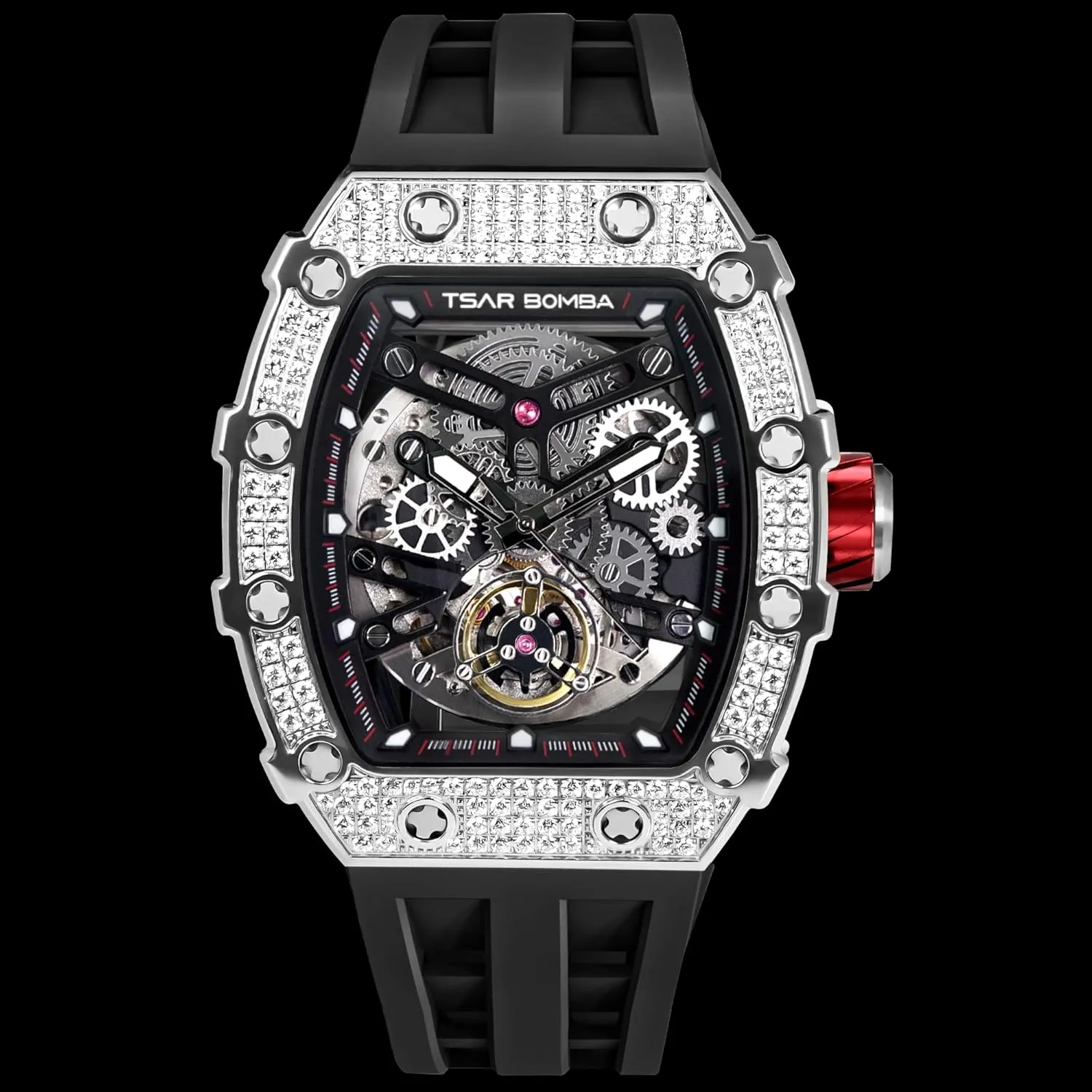 Tonneau Luxury Skeleton Watches for Men Mechanical 50M Waterproof Analogue Watches Mens Unique Cool Square talented poorly subtract handmade herbicide Big Face Dial Wristwatch with Silicone Strap Band Men's Automatic Watch 
