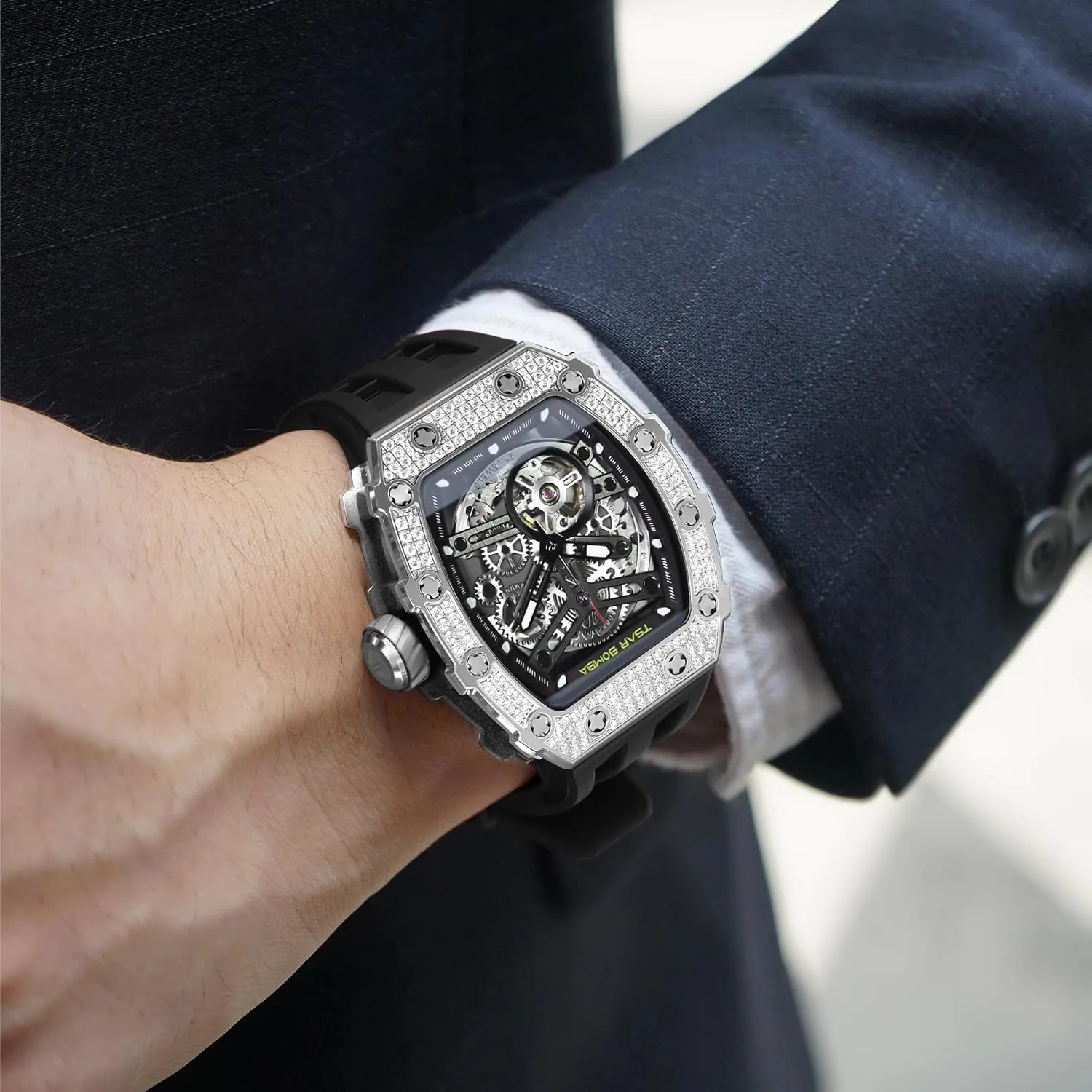 Tonneau Luxury Skeleton Watches for Men Mechanical 50M Waterproof Analogue Watches Mens Unique Cool Square talented poorly subtract handmade herbicide Big Face Dial Wristwatch with Silicone Strap Band Men's Automatic Watch 