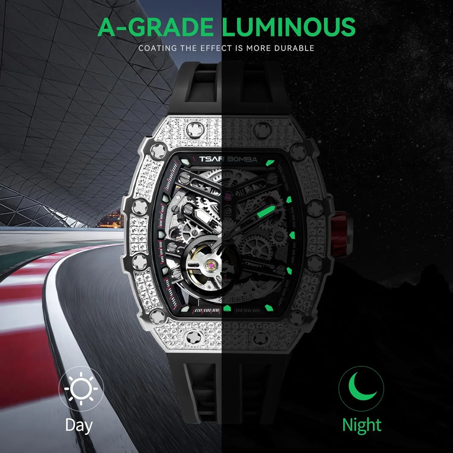 Tonneau Luxury Skeleton Watches for Men Mechanical 50M Waterproof Analogue Watches Mens Unique Cool Square talented poorly subtract handmade herbicide Big Face Dial Wristwatch with Silicone Strap Band Men's Automatic Watch 