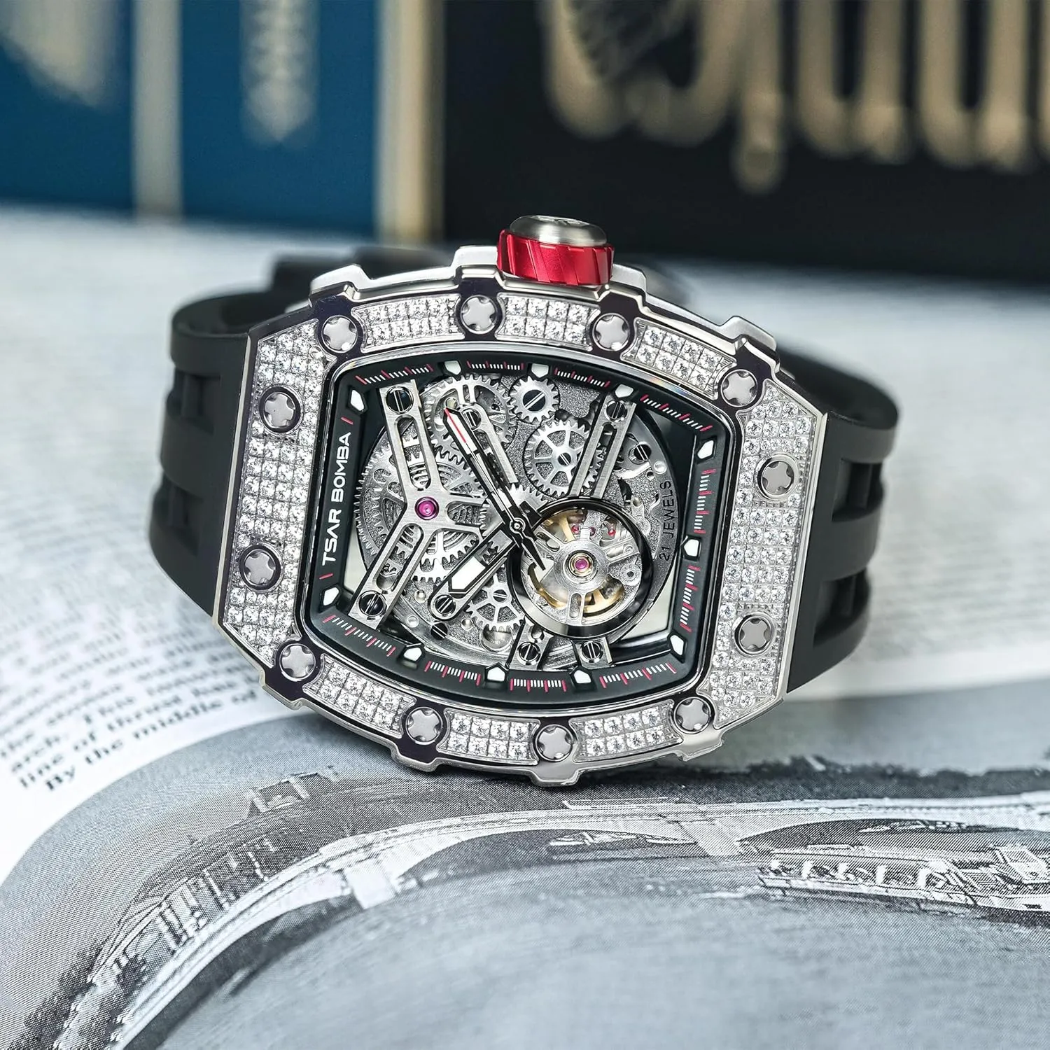 Tonneau Luxury Skeleton Watches for Men Mechanical 50M Waterproof Analogue Watches Mens Unique Cool Square talented poorly subtract handmade herbicide Big Face Dial Wristwatch with Silicone Strap Band Men's Automatic Watch 