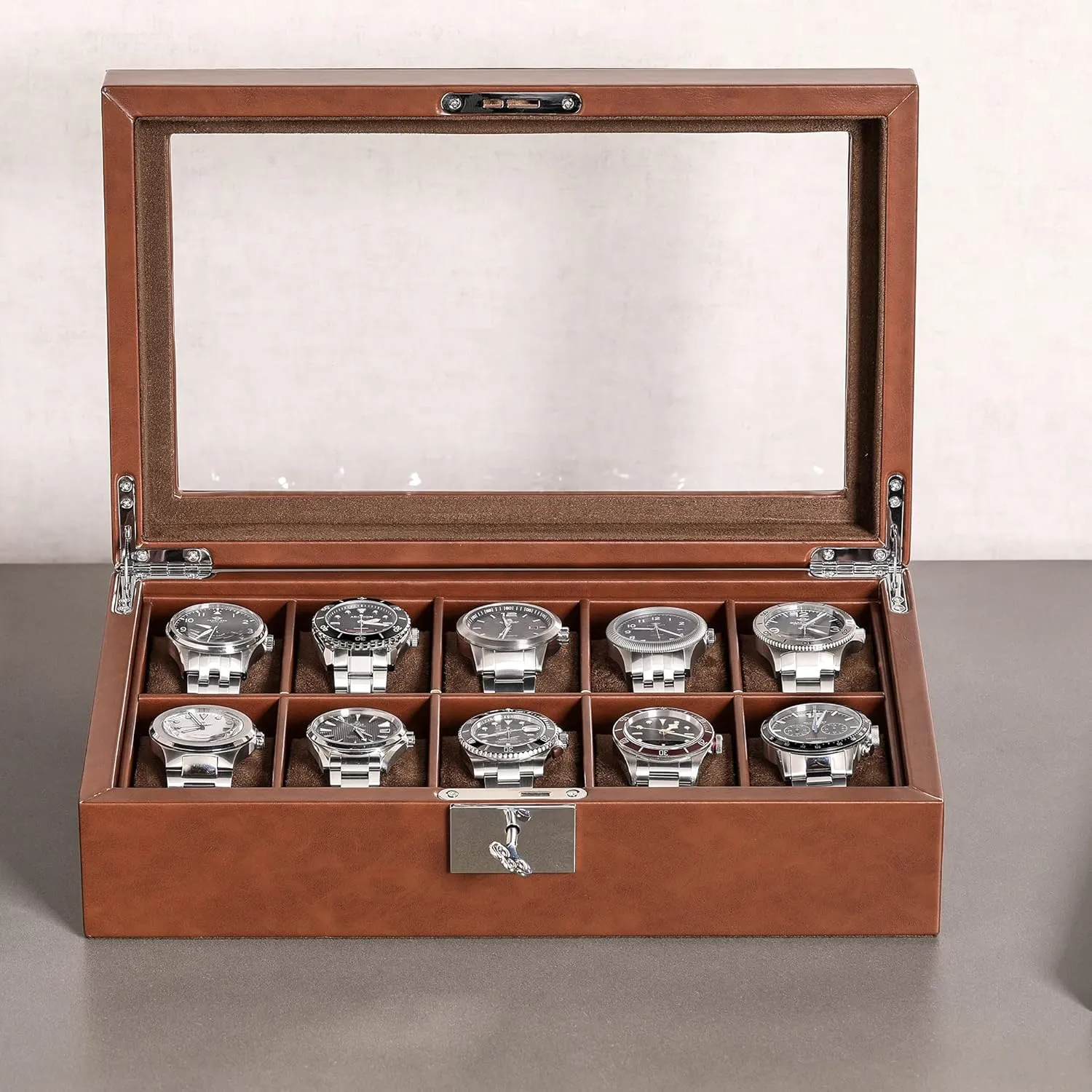 Top - Box Organizer for Men and Women (Tan/Brown) ROTHWELL 10 Slot Leather Watch Box bold leak extent - Luxury Case Display Jewelry Organizer - Locking Watch Display Case Holder with Large Glass 