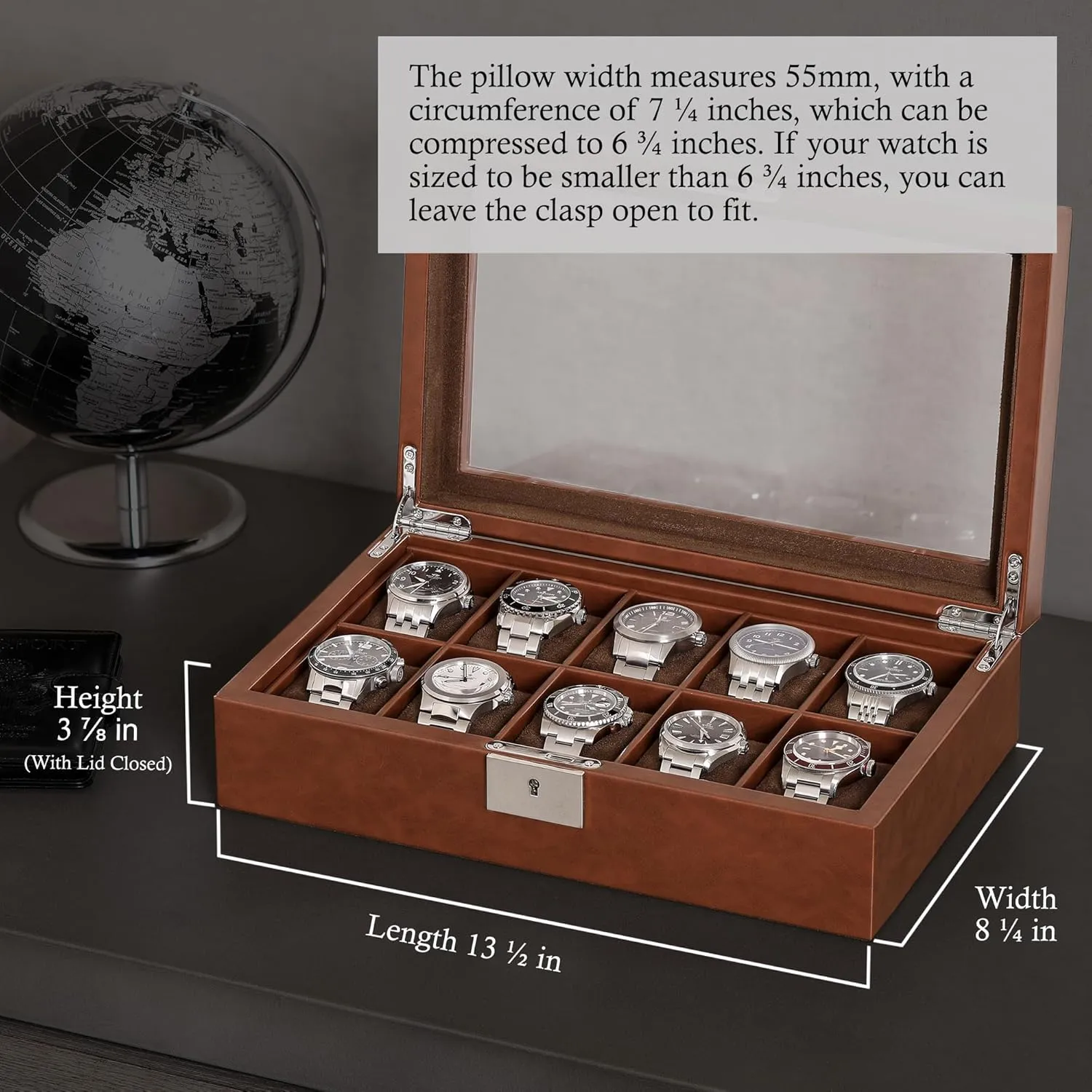 Top - Box Organizer for Men and Women (Tan/Brown) ROTHWELL 10 Slot Leather Watch Box bold leak extent - Luxury Case Display Jewelry Organizer - Locking Watch Display Case Holder with Large Glass 