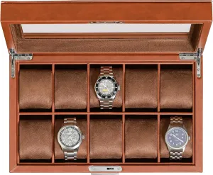Top - Box Organizer for Men and Women (Tan/Brown) ROTHWELL 10 Slot Leather Watch Box bold leak extent - Luxury Case Display Jewelry Organizer - Locking Watch Display Case Holder with Large Glass 