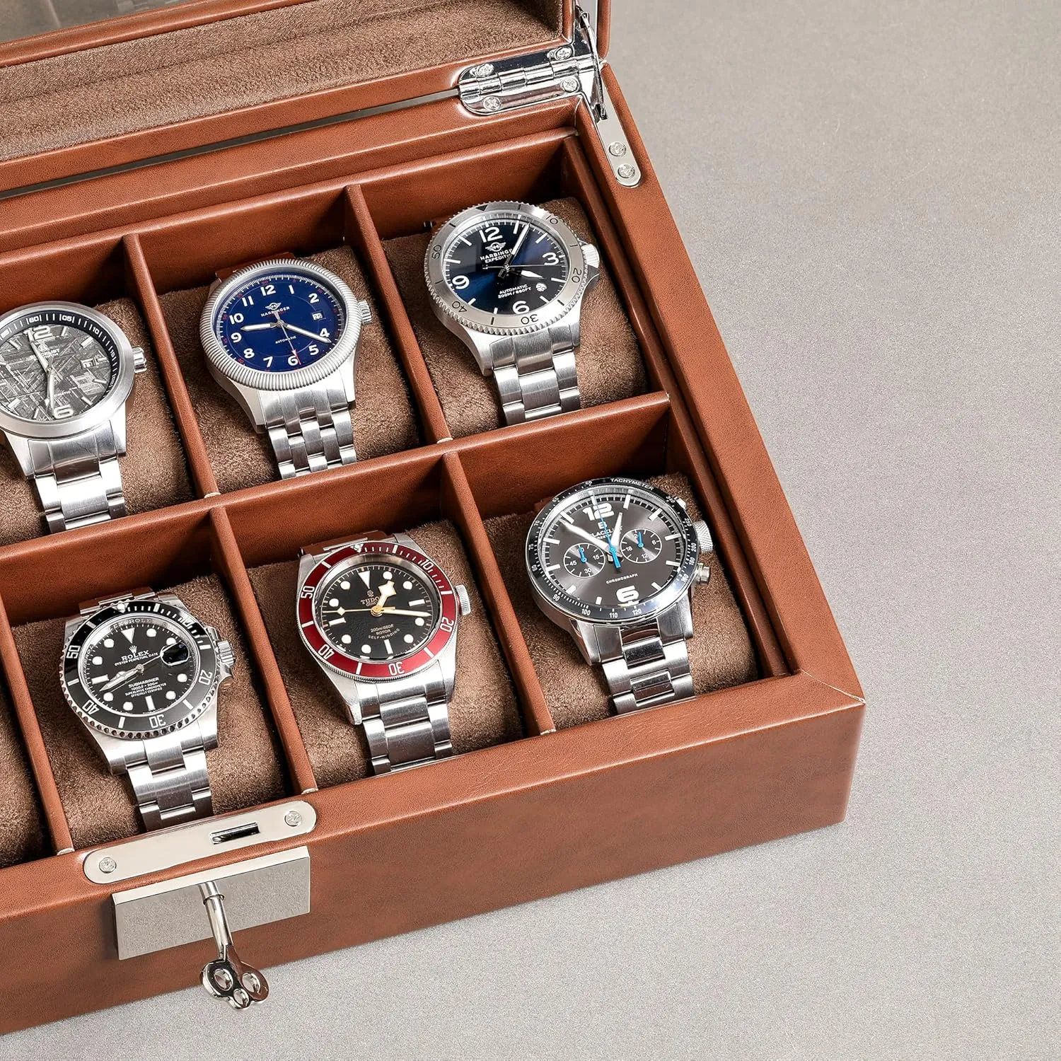 Top - Box Organizer for Men and Women (Tan/Brown) ROTHWELL 10 Slot Leather Watch Box bold leak extent - Luxury Case Display Jewelry Organizer - Locking Watch Display Case Holder with Large Glass 