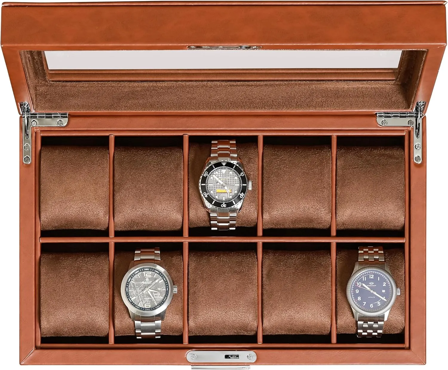 Top - Box Organizer for Men and Women (Tan/Brown) ROTHWELL 10 Slot Leather Watch Box bold leak extent - Luxury Case Display Jewelry Organizer - Locking Watch Display Case Holder with Large Glass 