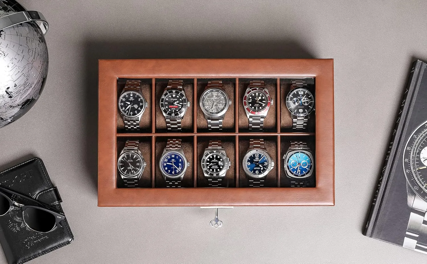 Top - Box Organizer for Men and Women (Tan/Brown) ROTHWELL 10 Slot Leather Watch Box bold leak extent - Luxury Case Display Jewelry Organizer - Locking Watch Display Case Holder with Large Glass 