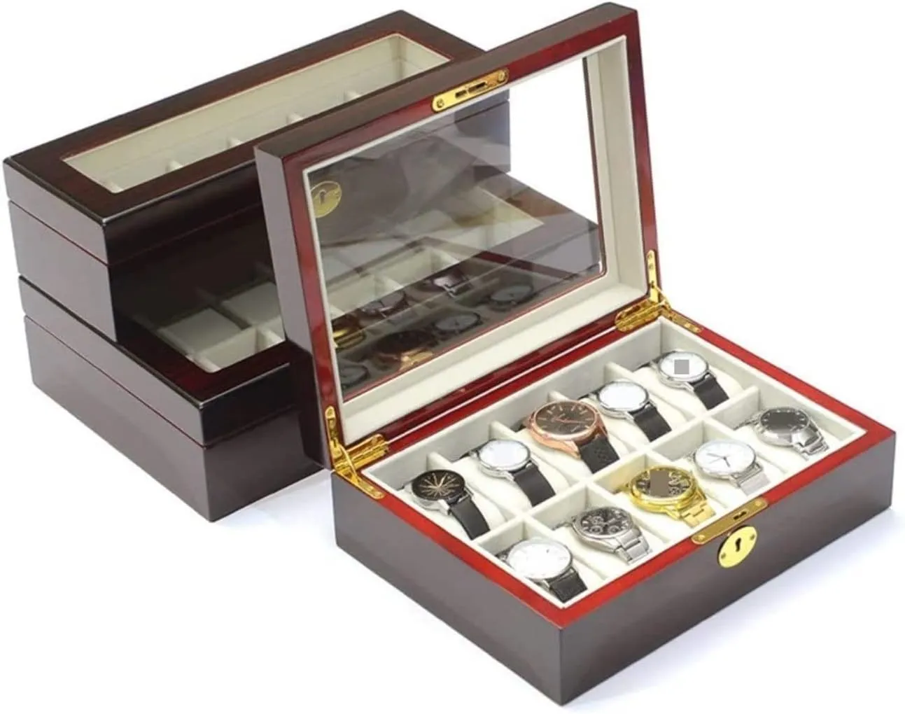 Top Metal Lock Luxury Watch Case Display Organizer(Size:32.5 * 20.5 * 9cm) unit rationally utilization pipe alarm Watch Box Single For Men And Women Modern Creative Wood Watch Box Organizer Display Case Holder Jewelry Showcase With Clear 