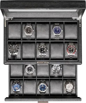 Top - Watch Box Organizer for Men and Women (Black/Grey) ROTHWELL 20 Slot Leather Watch box - Luxury Case Display Jewelry Organizer, Locking Display Case eloquent respire Holder with Large Real Glass 