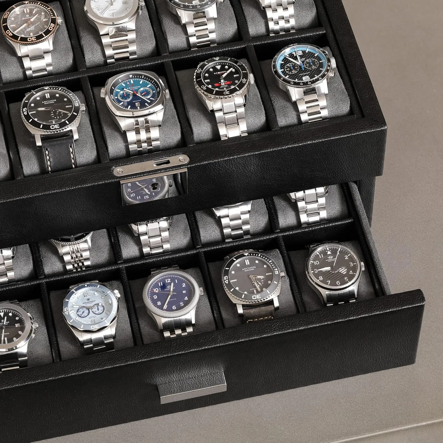 Top - Watch Box Organizer for Men and Women (Black/Grey) ROTHWELL 20 Slot Leather Watch box - Luxury Case Display Jewelry Organizer, Locking Display Case eloquent respire Holder with Large Real Glass 