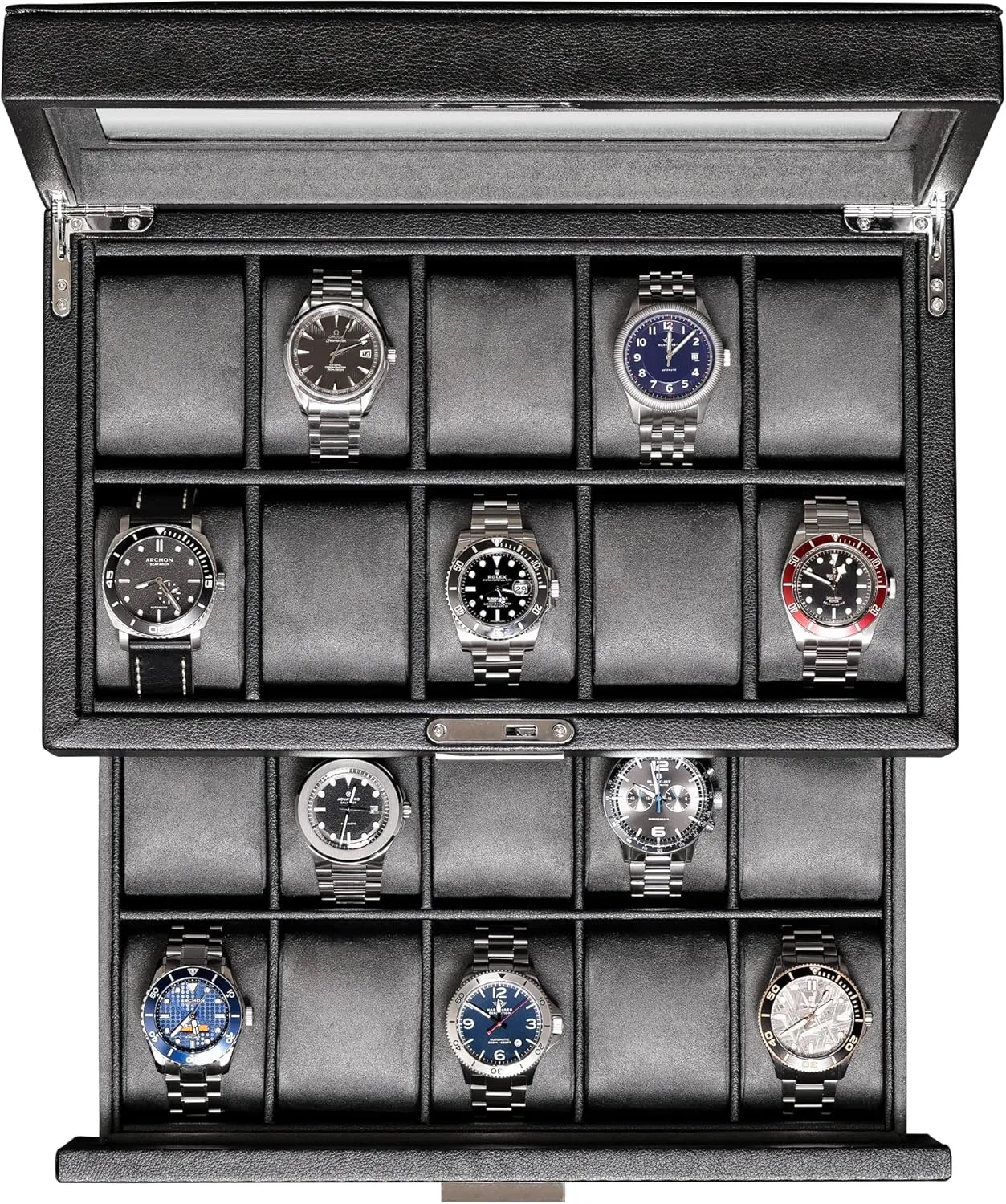 Top - Watch Box Organizer for Men and Women (Black/Grey) ROTHWELL 20 Slot Leather Watch box - Luxury Case Display Jewelry Organizer, Locking Display Case eloquent respire Holder with Large Real Glass 