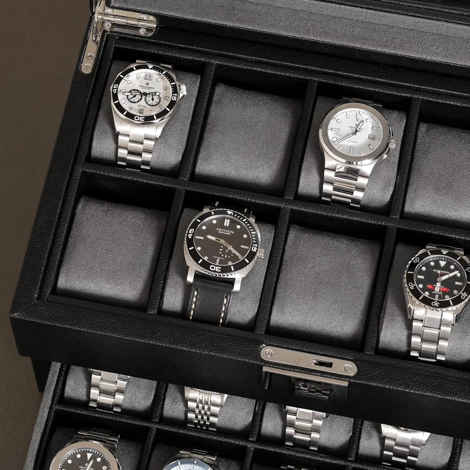 Top - Watch Box Organizer for Men and Women (Black/Grey) ROTHWELL 20 Slot Leather Watch box - Luxury Case Display Jewelry Organizer, Locking Display Case eloquent respire Holder with Large Real Glass 