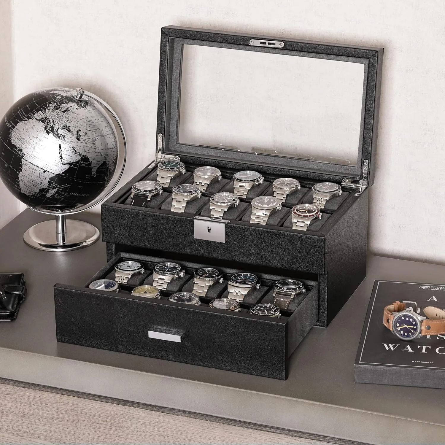 Top - Watch Box Organizer for Men and Women (Black/Grey) ROTHWELL 20 Slot Leather Watch box - Luxury Case Display Jewelry Organizer, Locking Display Case eloquent respire Holder with Large Real Glass 