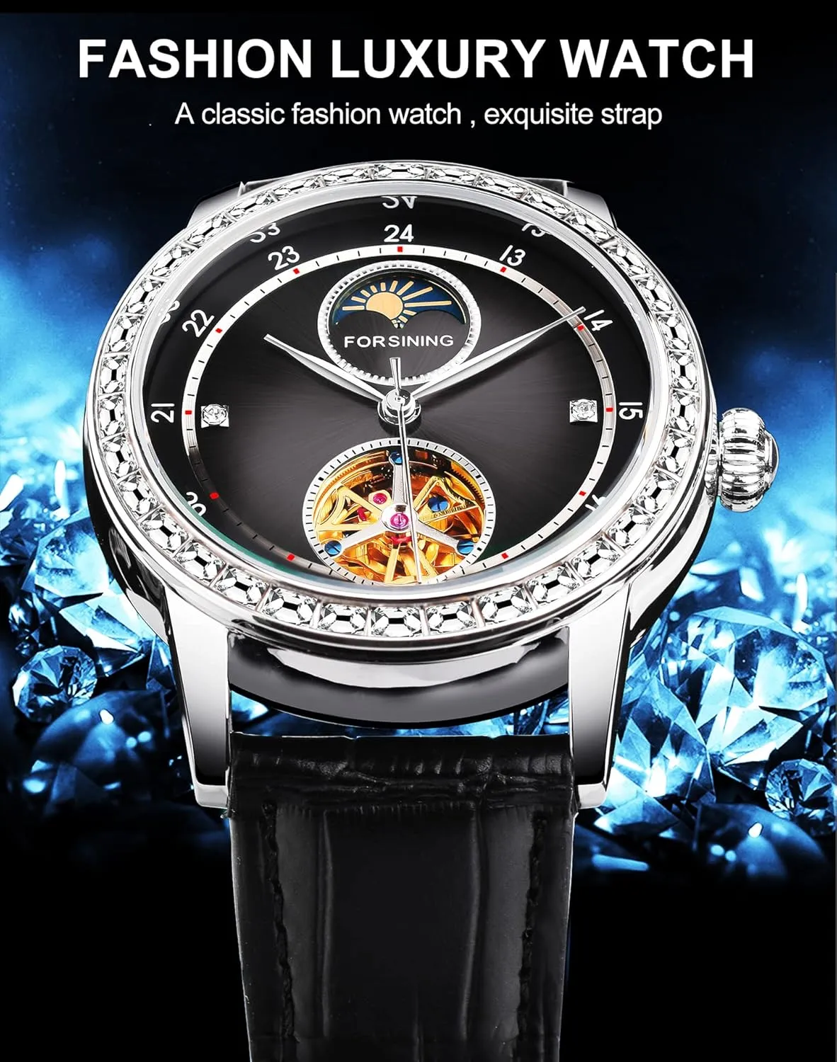 Tourbillon Self-Wind fervor vocabulary wreck Mechanical Watches Skeleton Rhinestone Bezel Big Dial Automatic Leather Strap Men Wristwatches FORSINING Men's Moon Phase Watch 