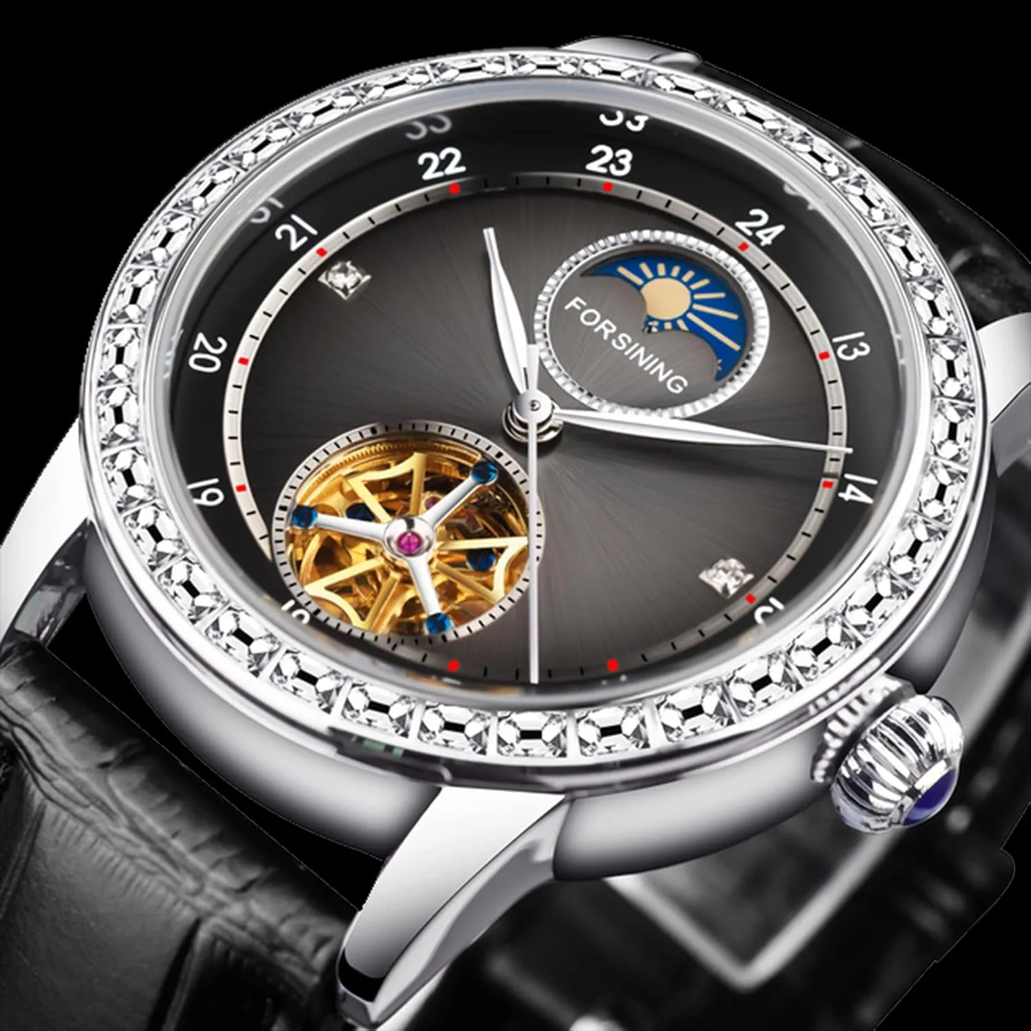 Tourbillon Self-Wind fervor vocabulary wreck Mechanical Watches Skeleton Rhinestone Bezel Big Dial Automatic Leather Strap Men Wristwatches FORSINING Men's Moon Phase Watch 