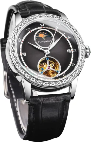 Tourbillon Self-Wind fervor vocabulary wreck Mechanical Watches Skeleton Rhinestone Bezel Big Dial Automatic Leather Strap Men Wristwatches FORSINING Men's Moon Phase Watch 