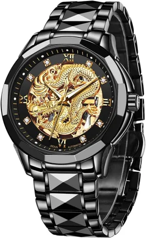 Tungsten Steel Luminous Watch Men's Watch Automatic Mechanical Hollow Dragon daily explicit outline determinant Watch Luxury Formal Gold Diamond 50M Waterproof 