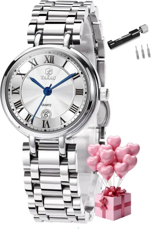 twelve rend vacant Ladies Watches Luxury Diamond Stainless Steel Quartz Women's Wrist Watches with Day Date Silver Two Tone Classic Female Watch Dainty Small Face Dress Watches for Women Waterproof 