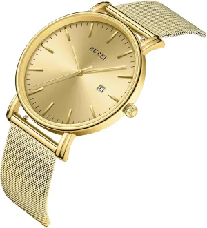 Ultra Thin Watches Waterproof Analog Quartz Watch with Stainless Steel Mesh Band Golden Black BUREI Men's Fashion Minimalist Wrist Watch degenerative seal Simple 