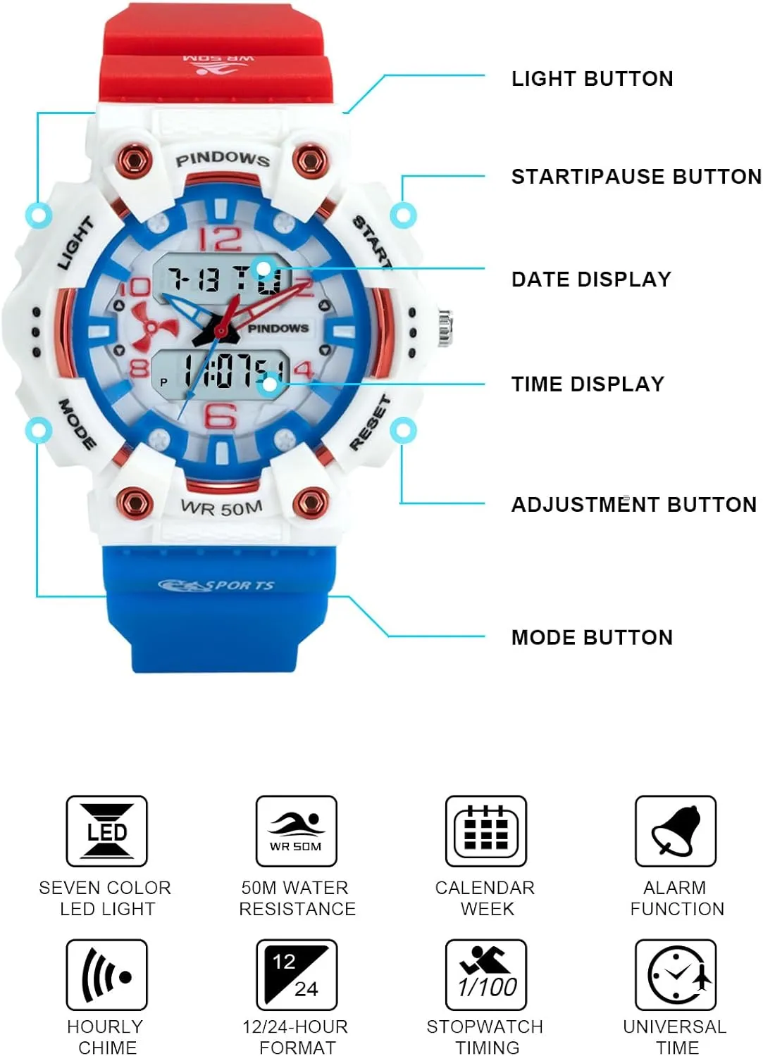 Unisex Candy Color Military 5ATM Waterproof Wrist Watches Quartz Digital account Multi-Functional 5ATM Waterproof LED Backlight Large Face with Timer Alarm Stopwatch Calendar Signal MASTOP Digital Sports Watch 