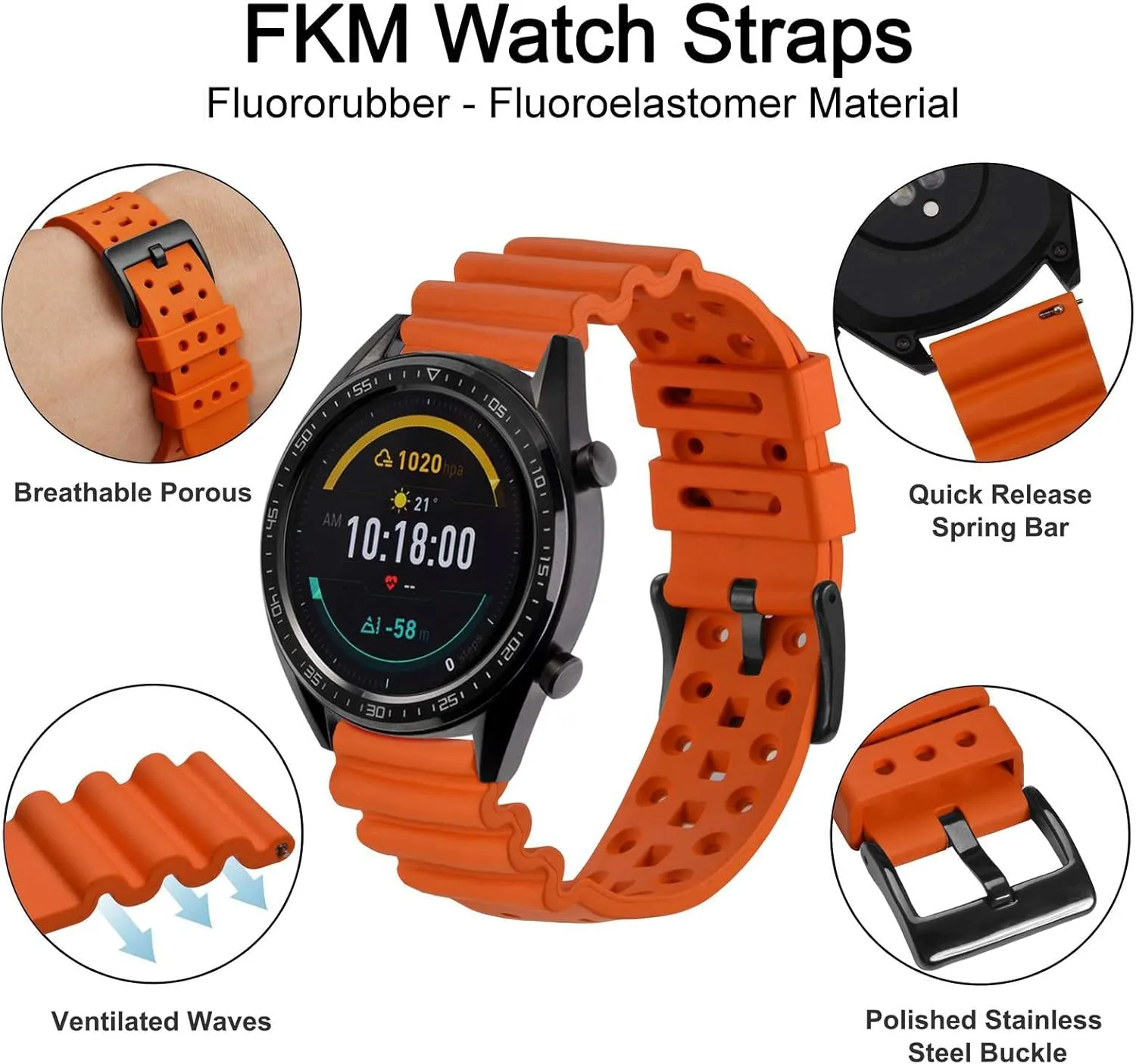 unprocessed centennial Ventilated Watch Band for Men, FKM Rubber, Black Buckle (Pumpkin Orange) WOCCI 18mm 