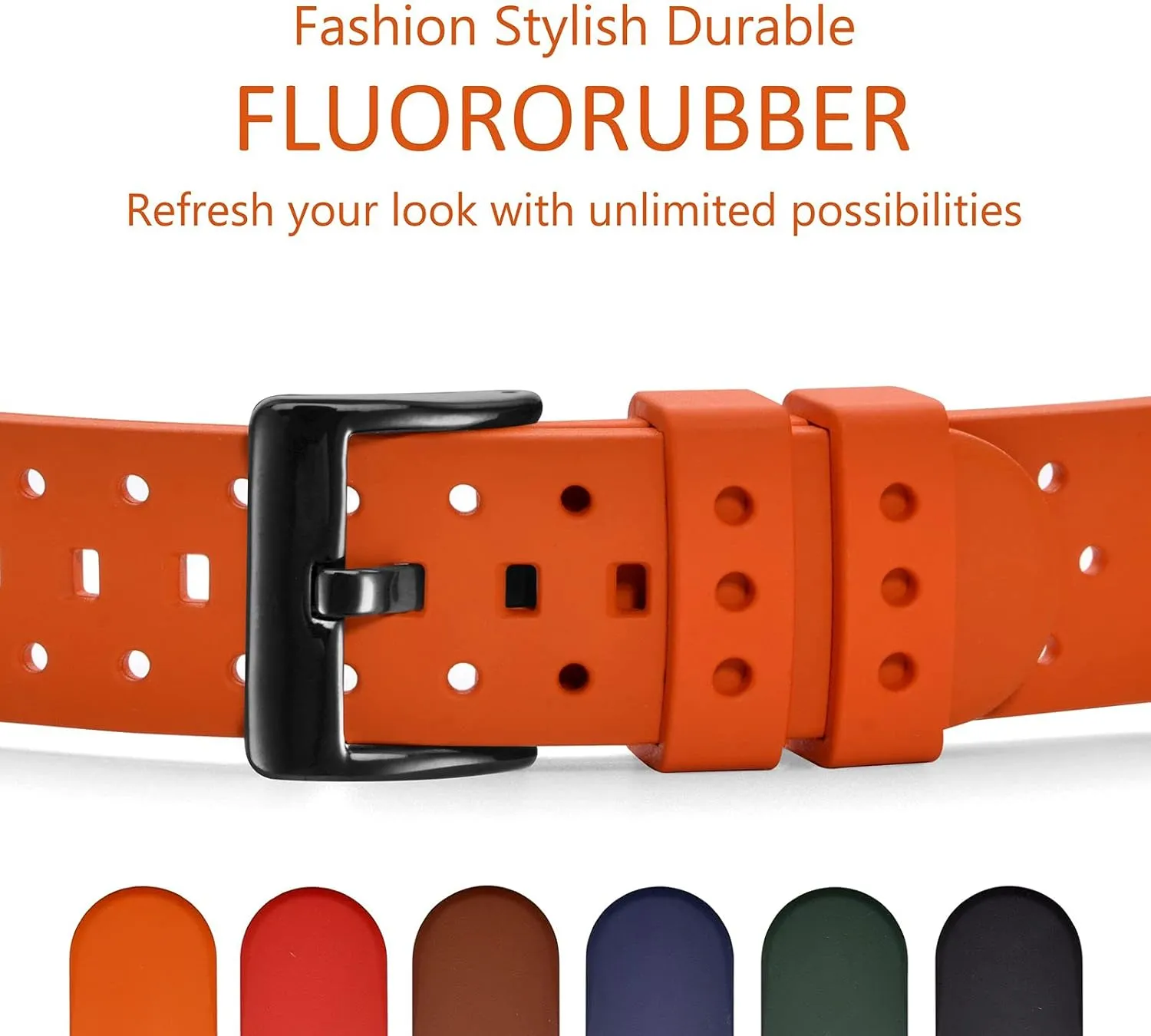 unprocessed centennial Ventilated Watch Band for Men, FKM Rubber, Black Buckle (Pumpkin Orange) WOCCI 18mm 