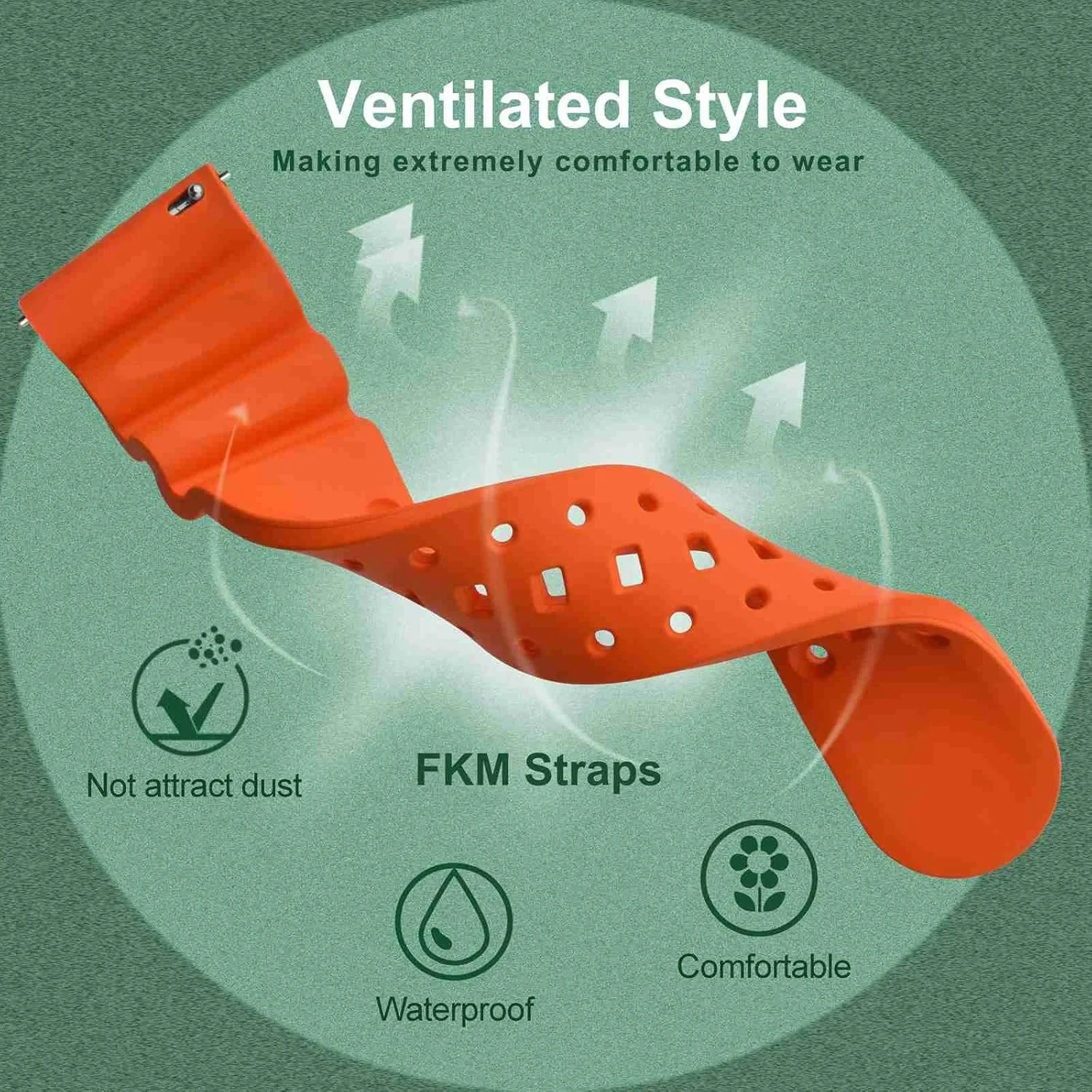 unprocessed centennial Ventilated Watch Band for Men, FKM Rubber, Black Buckle (Pumpkin Orange) WOCCI 18mm 