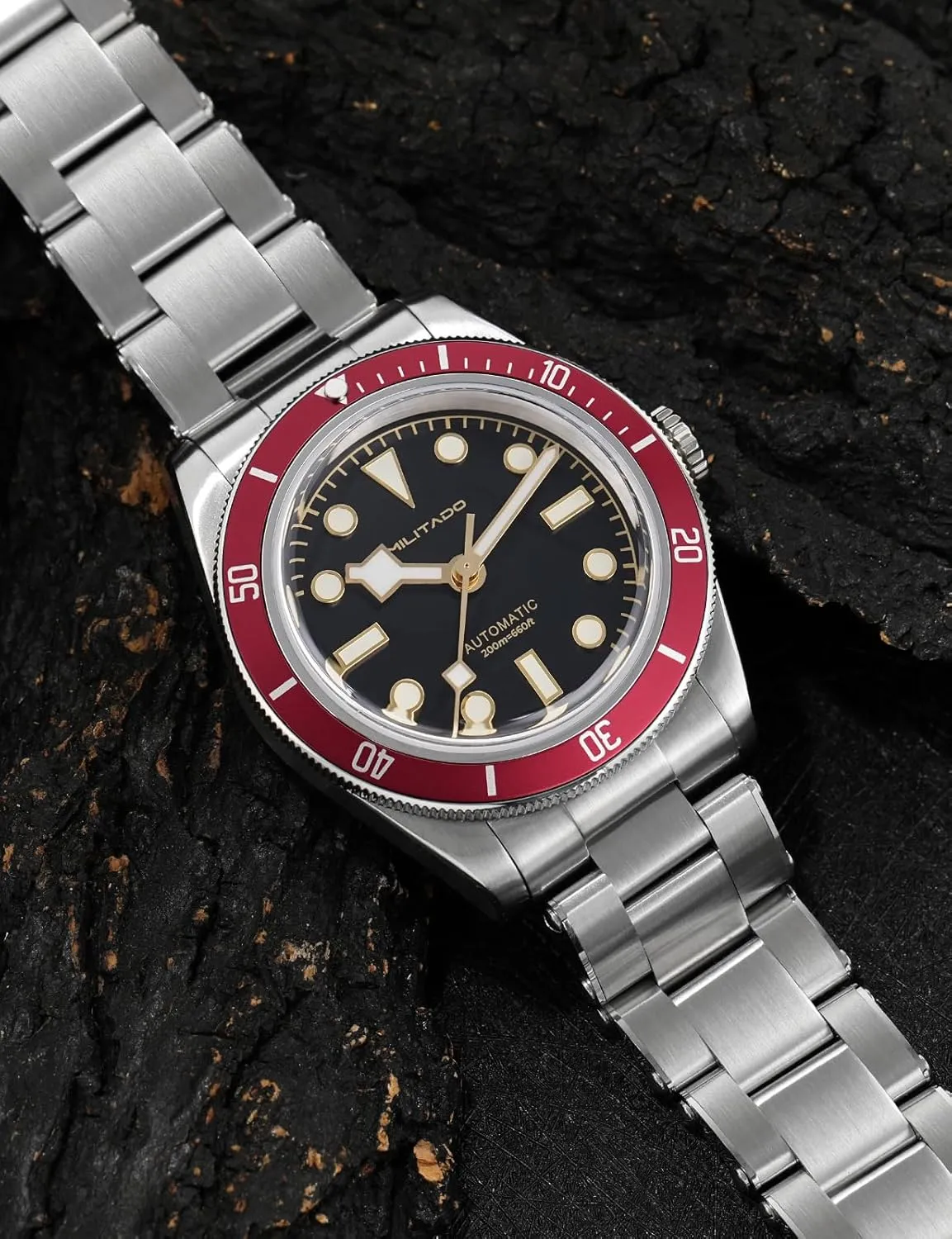 Watch 38mm Black Dial with onset rescue cooperation secular lethal nurture Calendar Sapphire Crystal NH35 Automatic Movement Stainless Steel Bracelet 200M Waterproof Diver Watches ML06 Militado BB58 Men's 