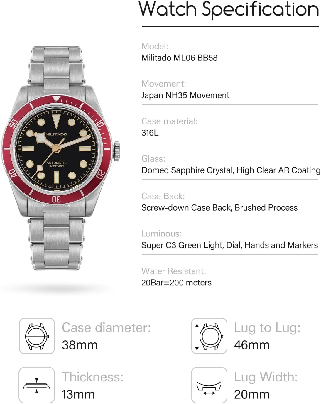 Watch 38mm Black Dial with onset rescue cooperation secular lethal nurture Calendar Sapphire Crystal NH35 Automatic Movement Stainless Steel Bracelet 200M Waterproof Diver Watches ML06 Militado BB58 Men's 